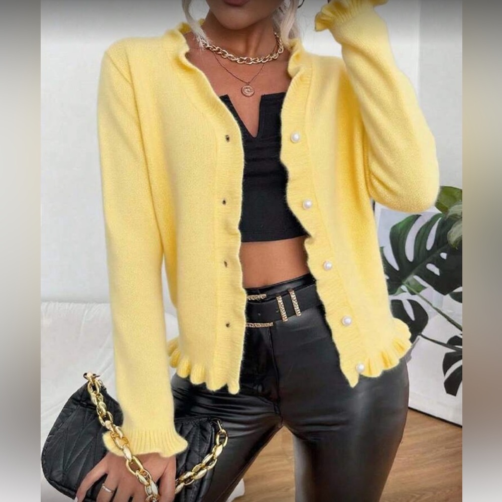 Yellow Ruffled Button-Up Sweater - Picture 3 of 4